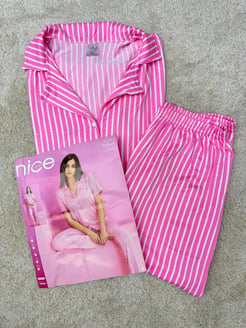 ç5261-milan kumaş gömlek yaka çizgili pijama takımı-pembe