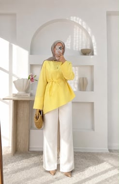5589-poplin kumaş asimetrik bağlamalı tunik-sarı 