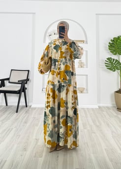 8547-pamuk viskon kumaş-beline kadar düğmeli etek altı düz elbise-sarı