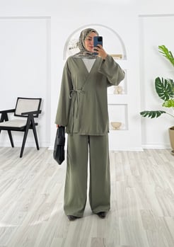 6383-cupra kumaş-üstü kimono pantolonlu takım-çağla yeşili