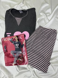 ç9217 - uzun kollu çizgili  pijama takımı - füme 
