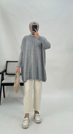 3157-çizgi detaylı triko tunik-gri