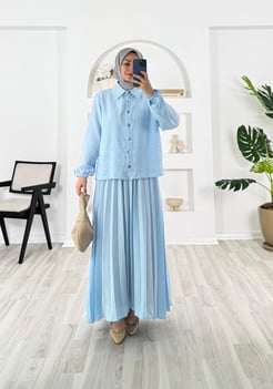 4469-pamuk ayrobin kumaş-gömlek altı boncuk detaylı etekli takım-bebe mavisi