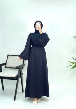7185 F34+Balon Kol Hakim Yaka Kuşaklı Saten Elbise Lacivert