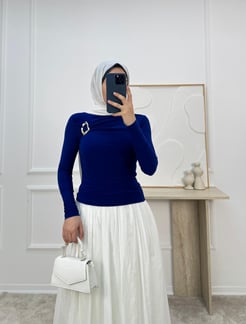 1459-sandy kumaş önü tokalı bluz-saks mavi