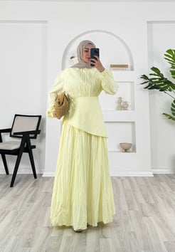 5319 - kırışık poplin kumaş kraşlı zara elbise - sarı 