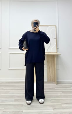 2183-kenarları gold düğme detaylı triko tunik-lacivert