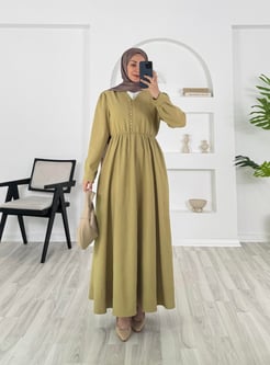 8095 -fitilli  helena kumaş önü top dügmeli elbise - yag yeşili 