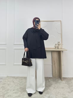 1717- terikoton kumaş önden bağlamalı tunik-siyah