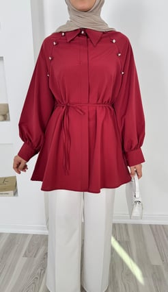 9052-terikoton kumaş taşlı kuşaklı tunik-bordo