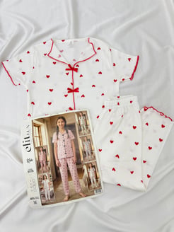 ç9316-viskon kaşkorse kumaş kısa kollu kalpli pijama takımı-beyaz