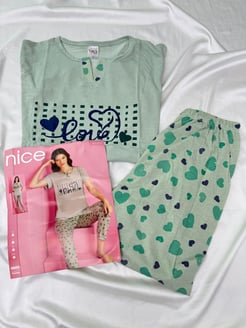 ç4051 - viskon kumaş kısa kollu kalpli takım - yeşil 