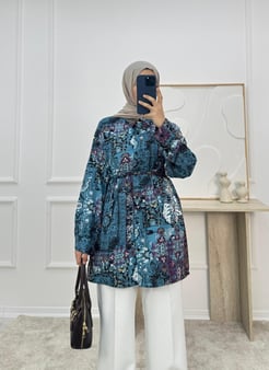 7355-viskon kumaş etnik desen tunik-mavi