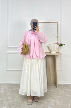 1730-terikoton kumaş önü bağlamalı gömlek-pembe 