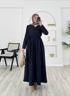 8095 -fitilli  helena kumaş önü top dügmeli elbise - lacivert