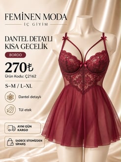 ç2162-dantelli detaylı tül gecelik-bordo