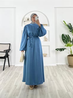 4142-kraçlı saten kumaş-balon kol hakim yaka kuşaklı elbise-bebe mavisi