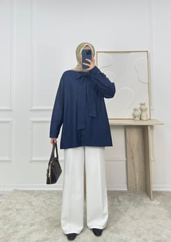 1717- terikoton kumaş önden bağlamalı tunik-lacivert