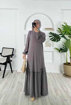 7282 B28+Piliseli Burgu Kumaş Kemerli Elbise antrasit