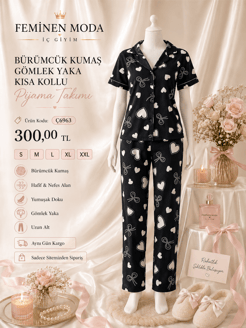ç6963-bürümcük kumaş gömlek yaka kısa kollu pijama takımı-siyah