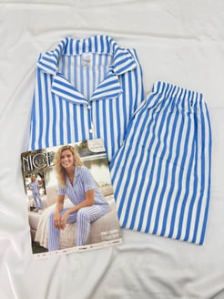 ç6712-bürümcük kumaş gömlek yaka kısa kollu pijama takımı-mavi