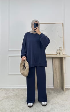 1148-ecem pike kumaş oversize pantolonlu takım-lacivert 