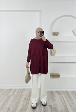 3174 simit yaka triko tunik -bordo