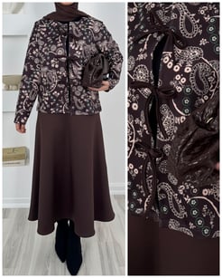 1840 - skuba kumaş etnik desenli takım - acı kahve 