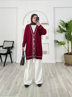 2442 - dügmeli uzun triko hırka - bordo