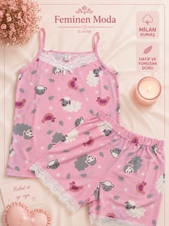 ç0010-milan kumaş şortlu ip askılı kuzucuk desenli pijama takımı-pudra