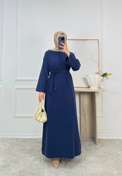 0183-tencel kumaş kuşaklı düz elbise-lacivert 
