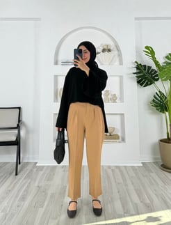 1307-dabıl kumaş arkası lastikli çift düğme detaylı pantolon sütlü kahve