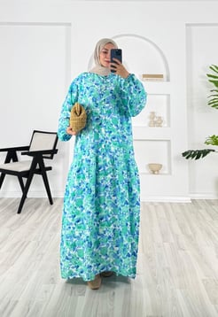 4859-modal kumaş-beline kadar düğmeli elbise-mavi