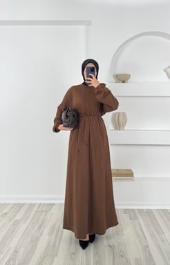 99150-örme triko kuşaklı elbise - sütlü kahve