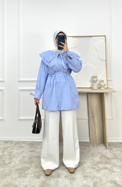 1158- terikoton kumaş bebe yaka tunik-mavi