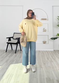 1499 - iki iplik kumaş kalpli sweatshirt - sarı