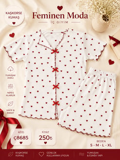 ç8685-kaşkorse kumaş kısa kollu kalpli şortlu takım-beyaz