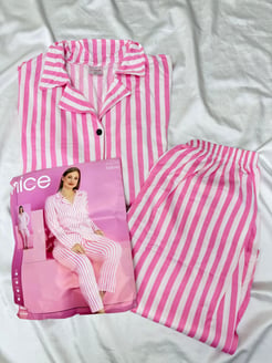 ç5408- milan kumaş büyük beden dügmeli çizgili pijama takımı - pembe
