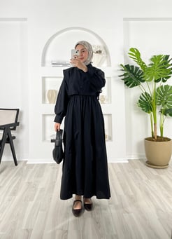 8755-terikoton kumaş-beli lastikli gömlekli elbise-siyah