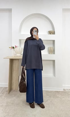 4621-oysho kumaş bisiklet yaka sweatshirt-füme 
