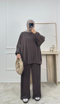 1148-ecem pike kumaş oversize pantolonlu takım-acı kahve 