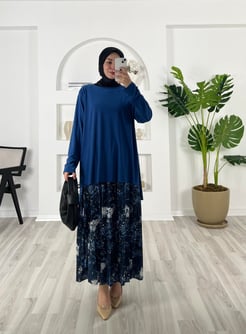 9843-sandy kumaş-eteği etnik desenli takım-mavi