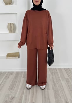 9130 - kristal kumaş cepli tunik pantolonlu takım - kiremit 