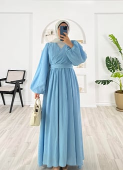 5653-wrn kumaş-çapraz biyeli kuşaklı elbise-bebe mavisi