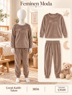 ç9321-kadife kumaş uzun kol çocuk  pijama takımı-kahve