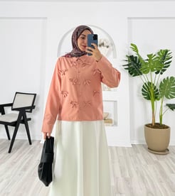 9855-poplin kumaş-kurdele detaylı etek üstü gömlek-somon