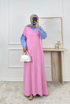 1184-kristal kumaş gömlek yaka kuşaklı elbise-pembe