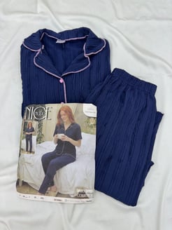 ç6841-bürümcük kumaş gömlek yaka kısa kollu pijama takımı-lacivert 