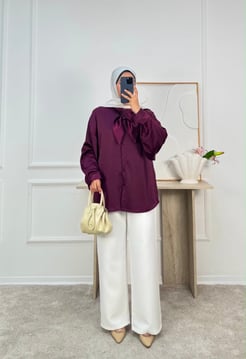 1878-saten kumaş yaka detaylı tunik-mürdüm 