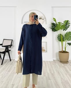 9742-linda kumaş-yanları yırtmaçlı çizgili tunik-lacivert